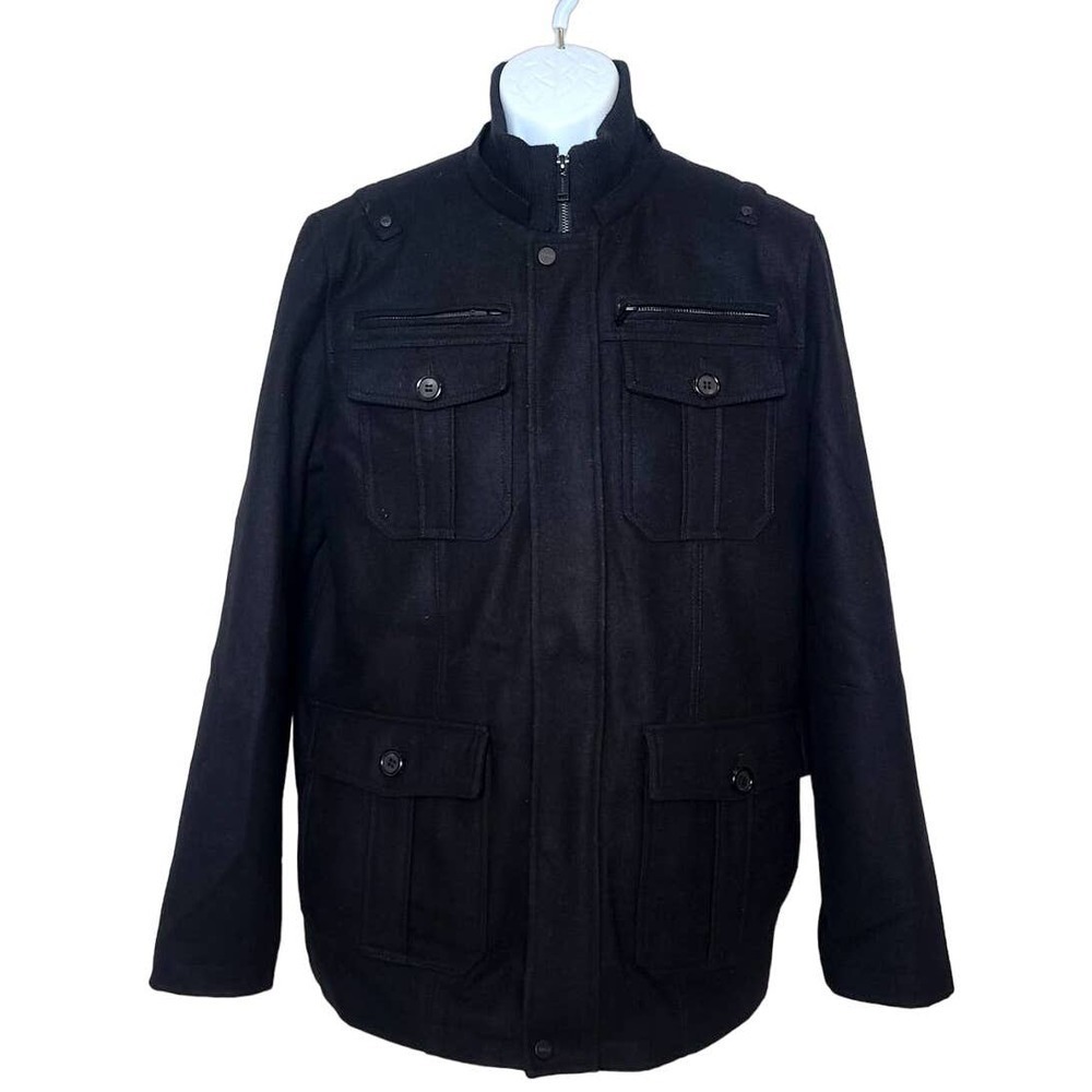 Guess Military Coat Black Wool Blend Lined Zipper Jacket Men's M